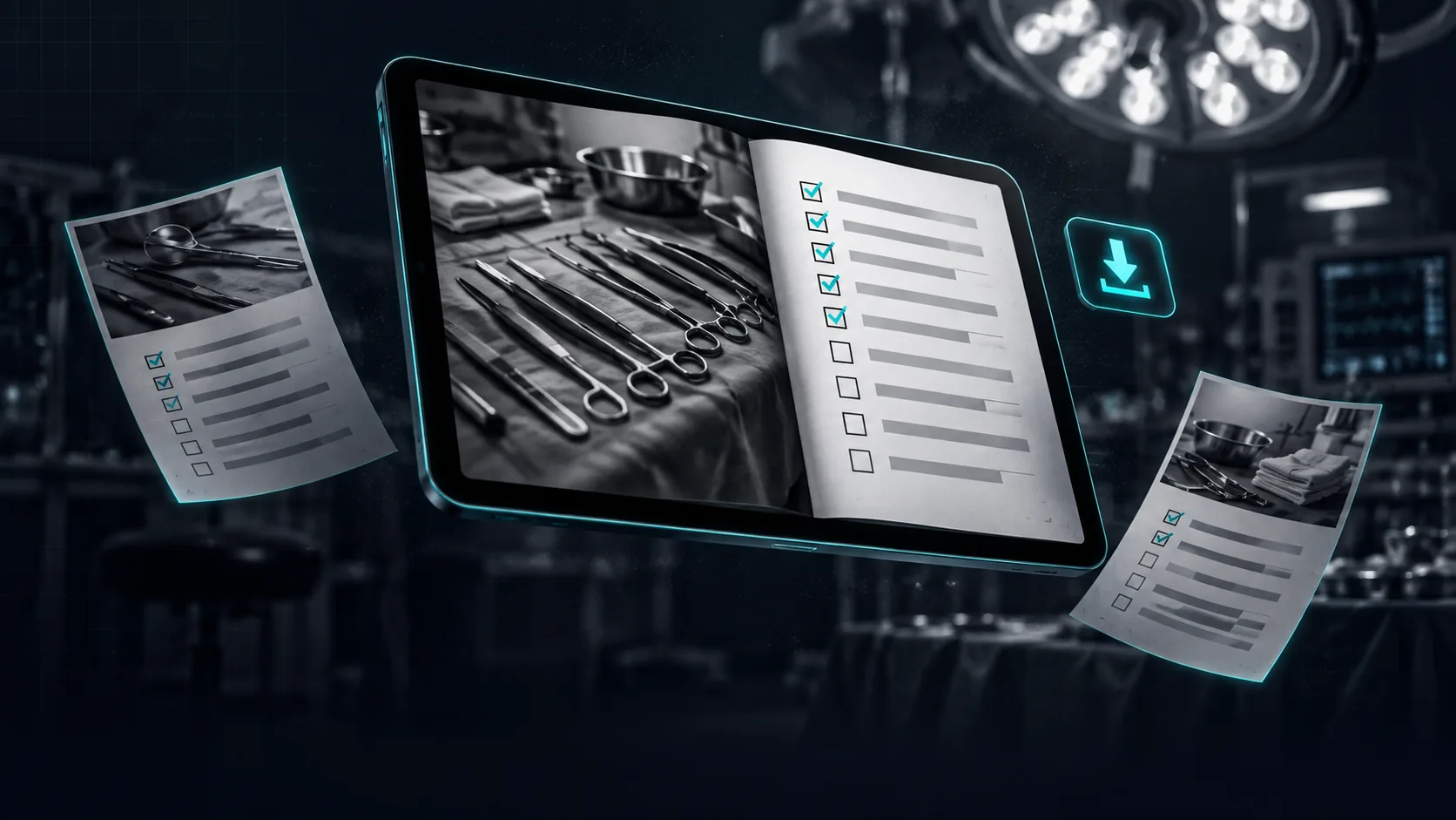 Tablet com o e-book aberto: instrumentais cirúrgicos de um lado e um checklist com itens marcados do outro