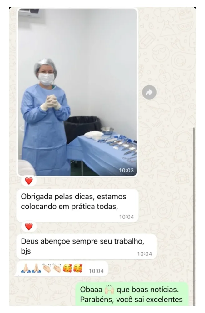 Print de conversa no WhatsApp com foto de aluna instrumentando e agradecimento pelas dicas