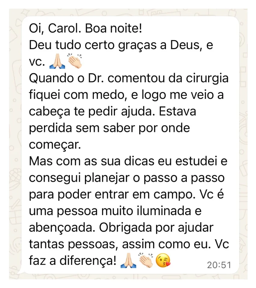 Print de conversa no WhatsApp: aluna conta que estava perdida, estudou com as dicas e planejou o passo a passo para entrar em campo
